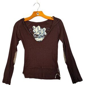 Y2K Powder Room Brown Graffiti Ribbed Love Sleeve Deep V Hooded Top Cotton S